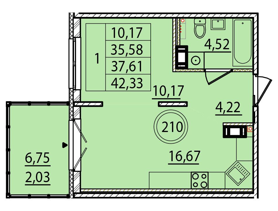 Планировка: 1-комн. квартира 35.58 м² в новостройке Образцовый квартал 15