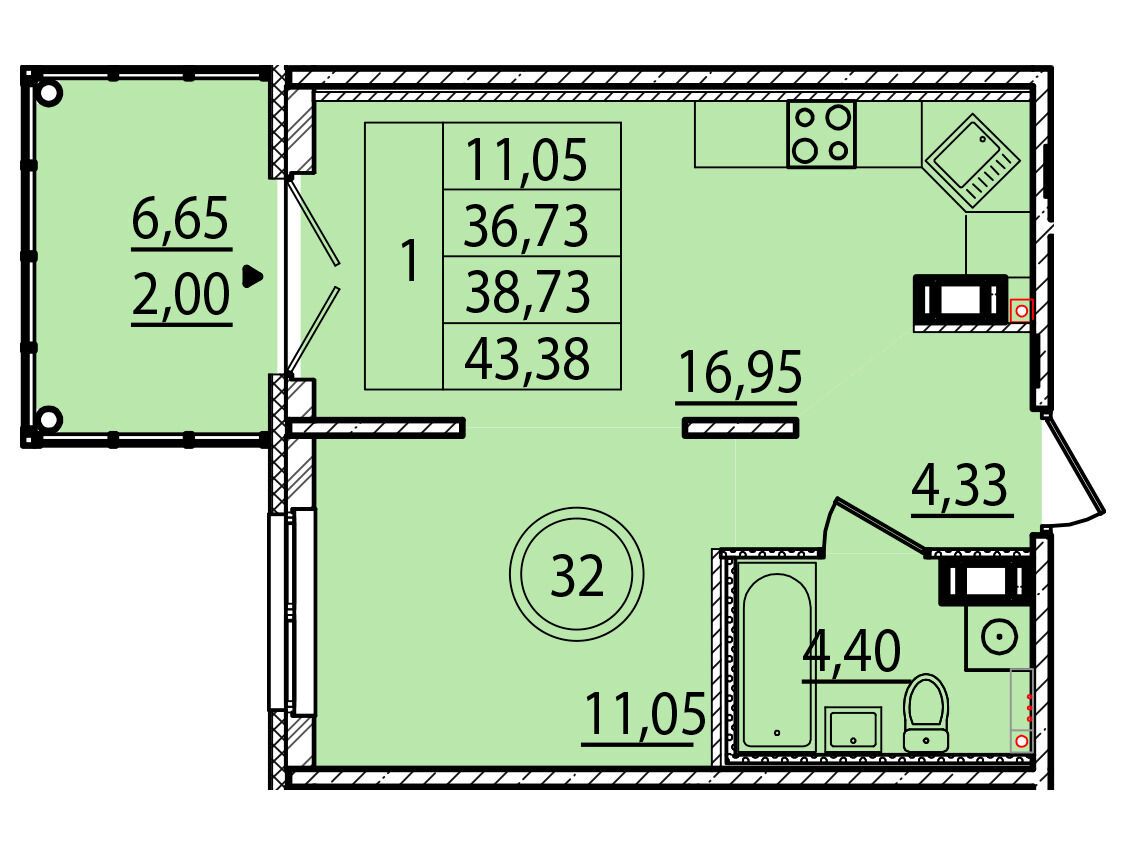Планировка: 1-комн. квартира 36.73 м² в новостройке Образцовый квартал 15