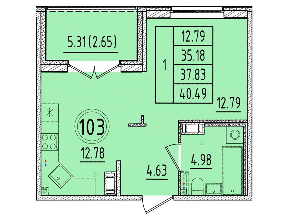 Планировка: 1-комн. квартира 35.18 м² в новостройке Образцовый квартал 17