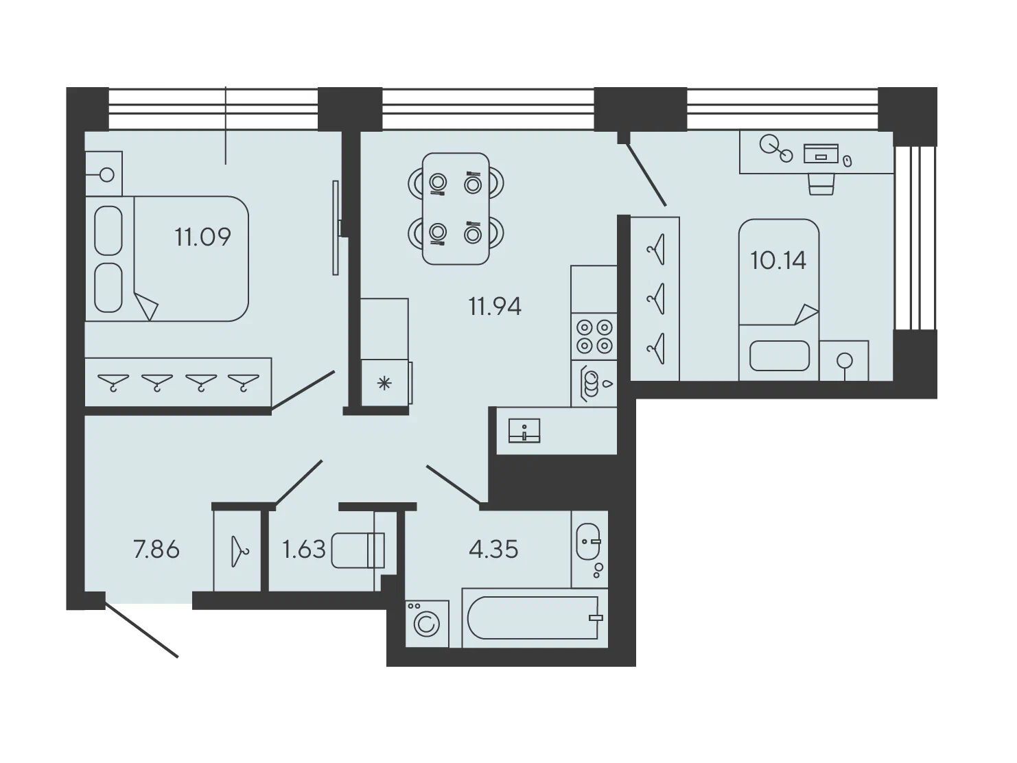 Планировка: 2-комн. квартира 47.01 м² в новостройке Башни Элемент