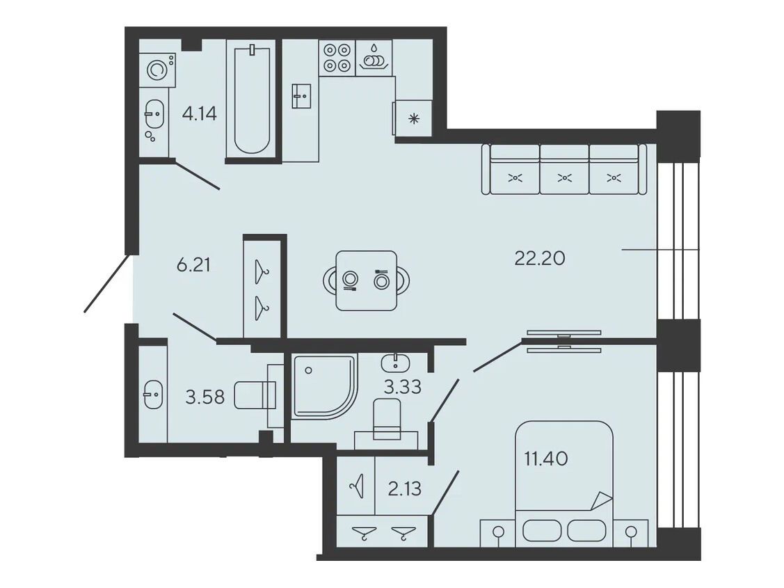 Планировка: 1-комн. квартира 52.99 м² в новостройке Башни Элемент