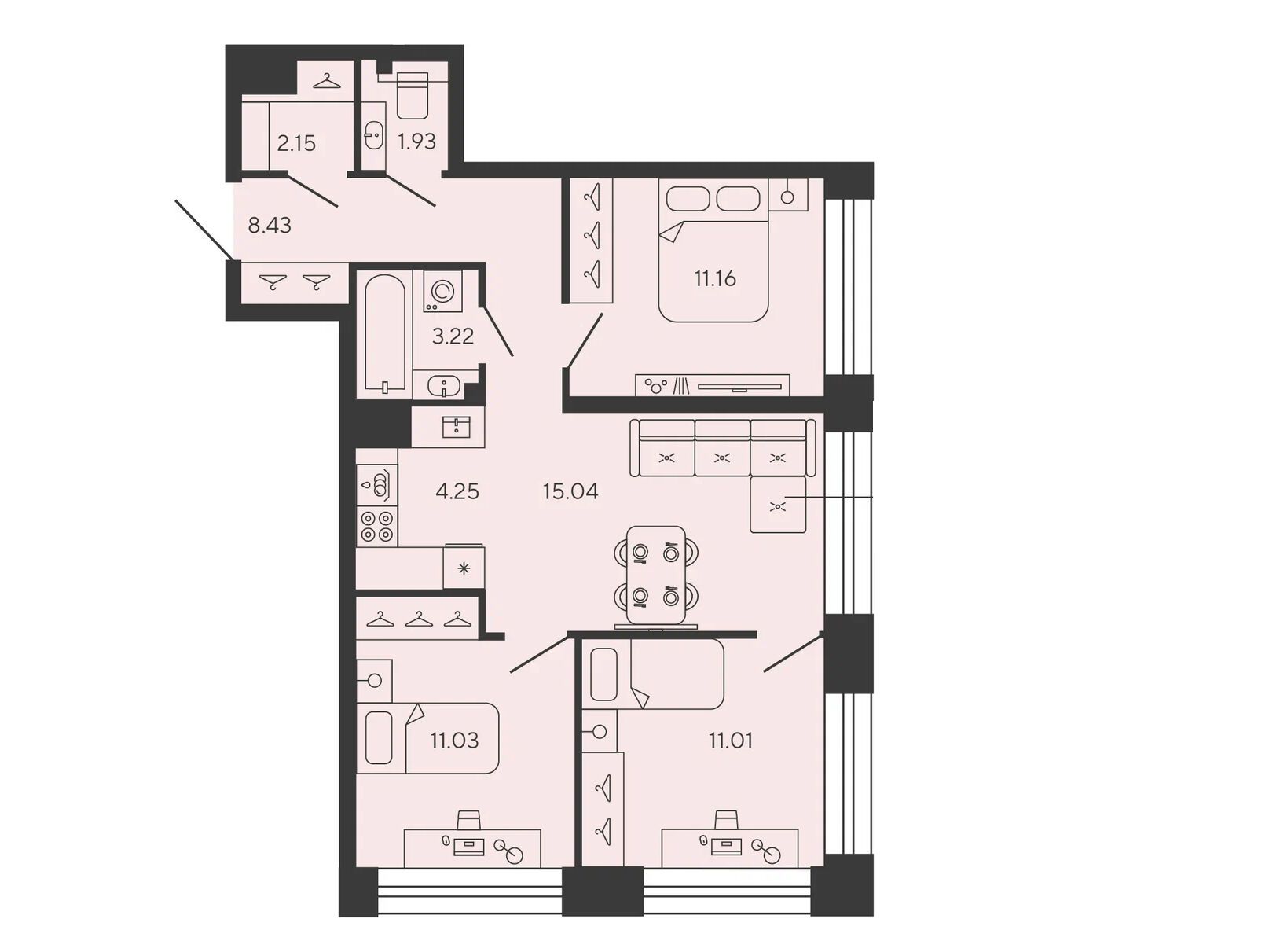 Планировка: 3-комн. квартира 68.22 м² в новостройке Башни Элемент