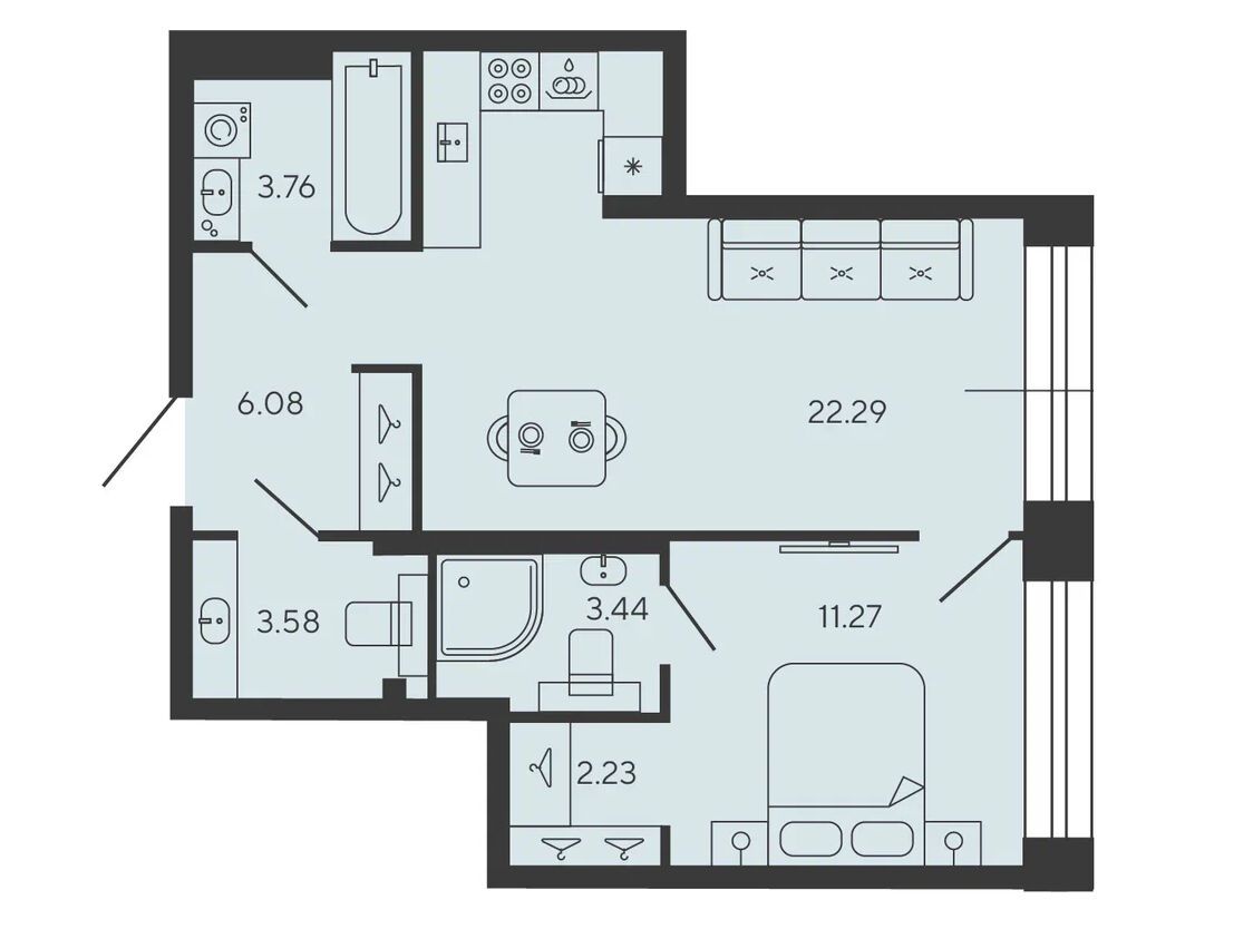 Планировка: 1-комн. квартира 51.71 м² в новостройке Башни Элемент