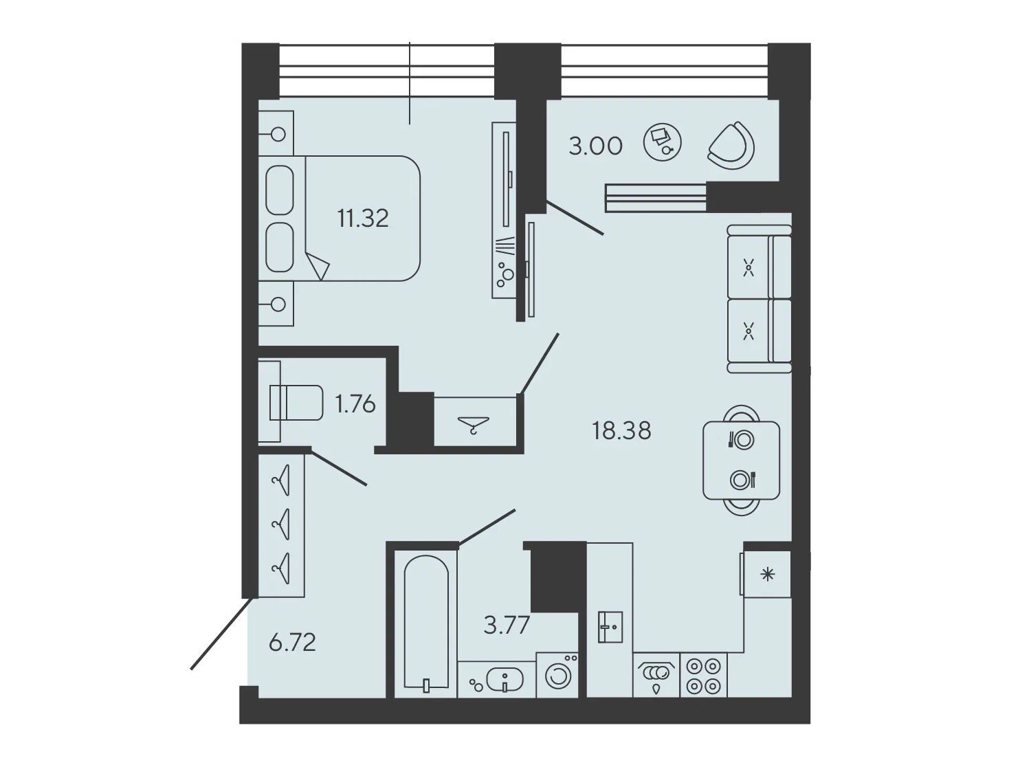 Планировка: 1-комн. квартира 43.45 м² в новостройке Башни Элемент