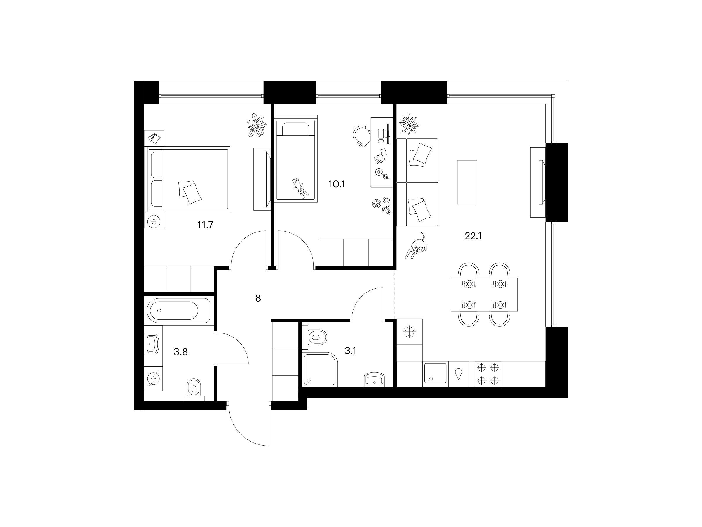 Планировка: 2-комн. квартира 58.80 м² в новостройке Шкиперский 19