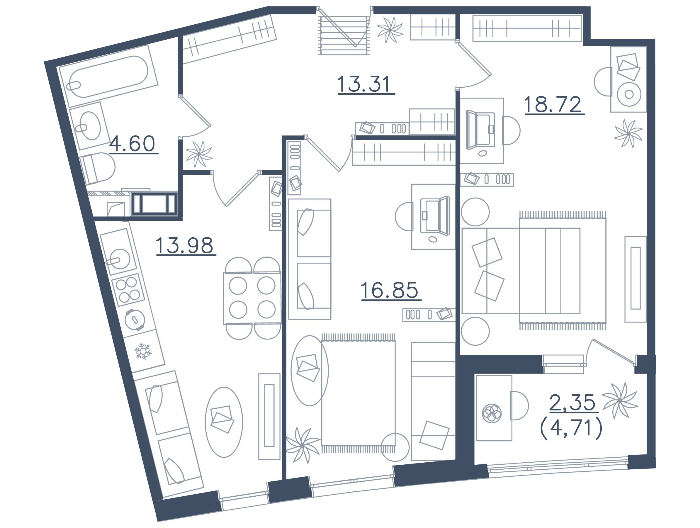 Планировка: 2-комн. квартира 69.81 м² в новостройке Мир внутри