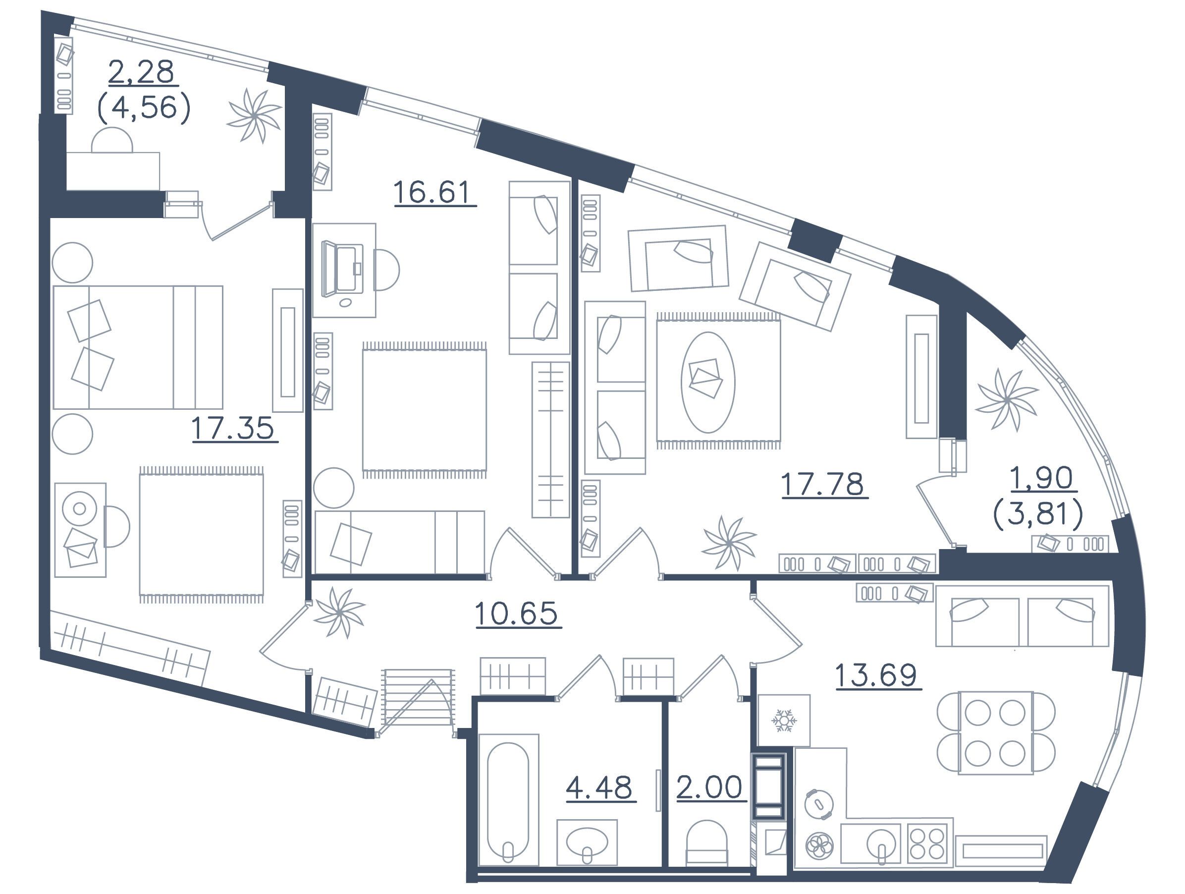 Планировка: 3-комн. квартира 86.74 м² в новостройке Мир внутри