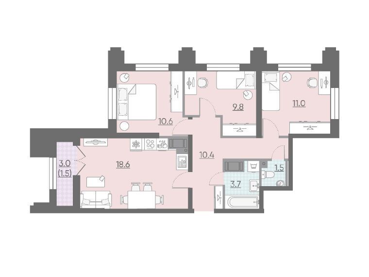 Планировка: 3-комн. квартира 67.40 м² в новостройке Цивилизация на Неве