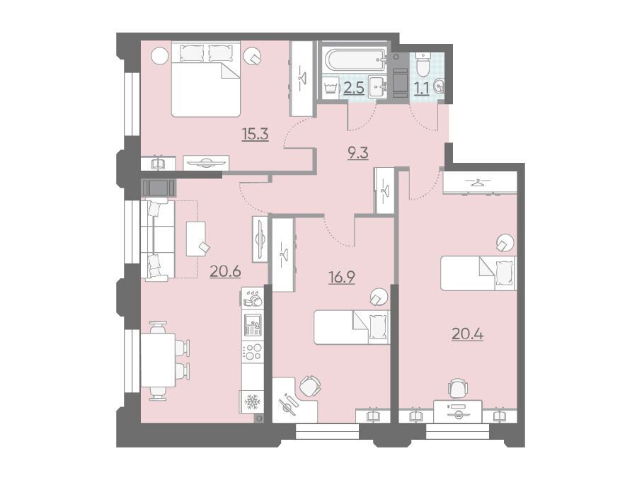 Планировка: 3-комн. квартира 85.10 м² в новостройке Цивилизация на Неве