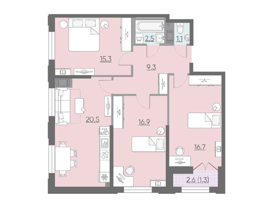 Планировка: 3-комн. квартира 82.60 м² в новостройке Цивилизация на Неве