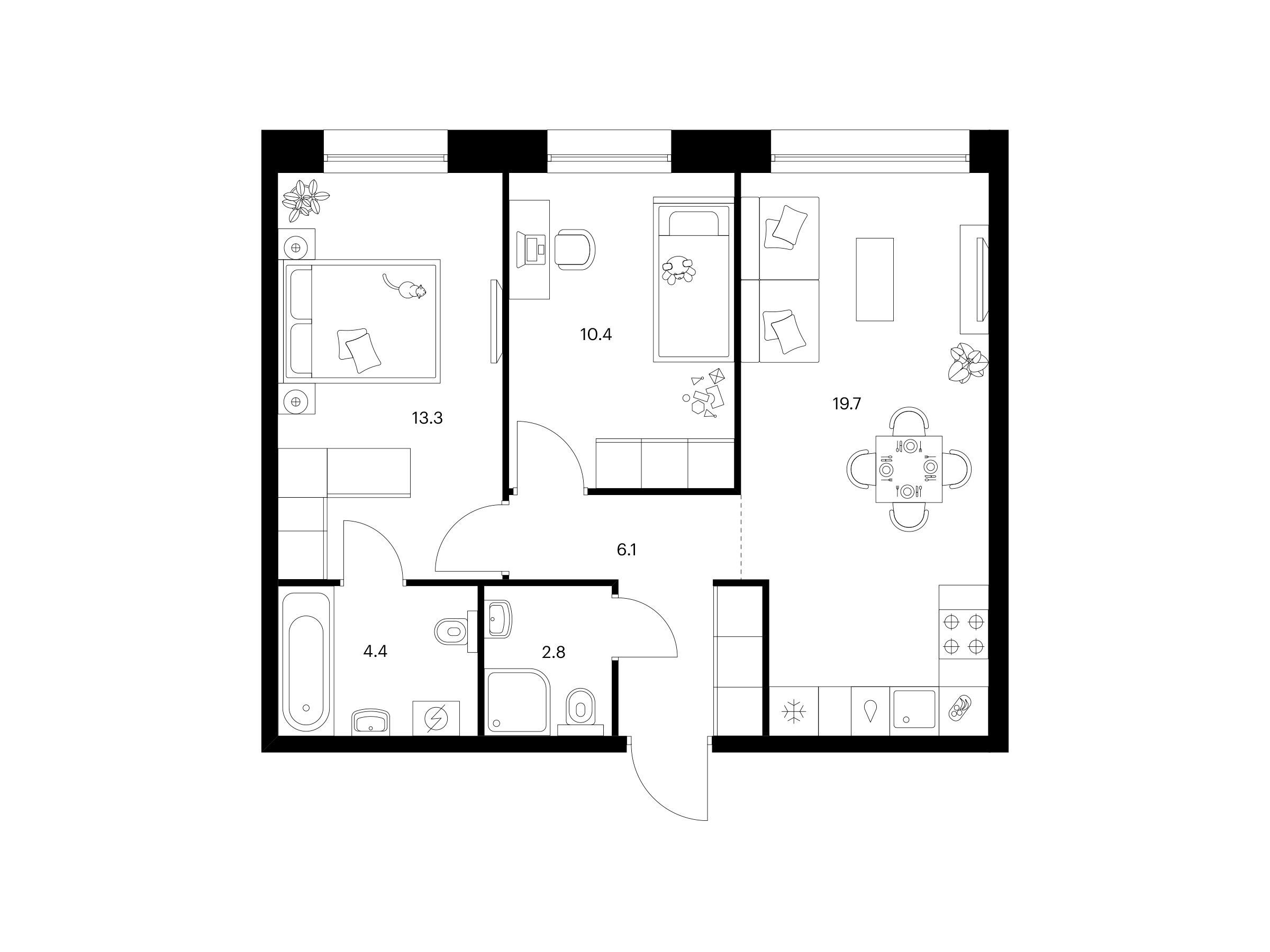 Планировка: 2-комн. квартира 56.70 м² в новостройке Шкиперский 19