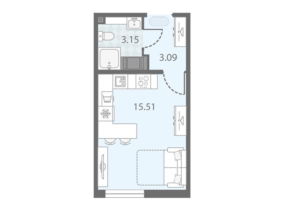 Планировка: Студия 21.75 м² в новостройке Морская миля
