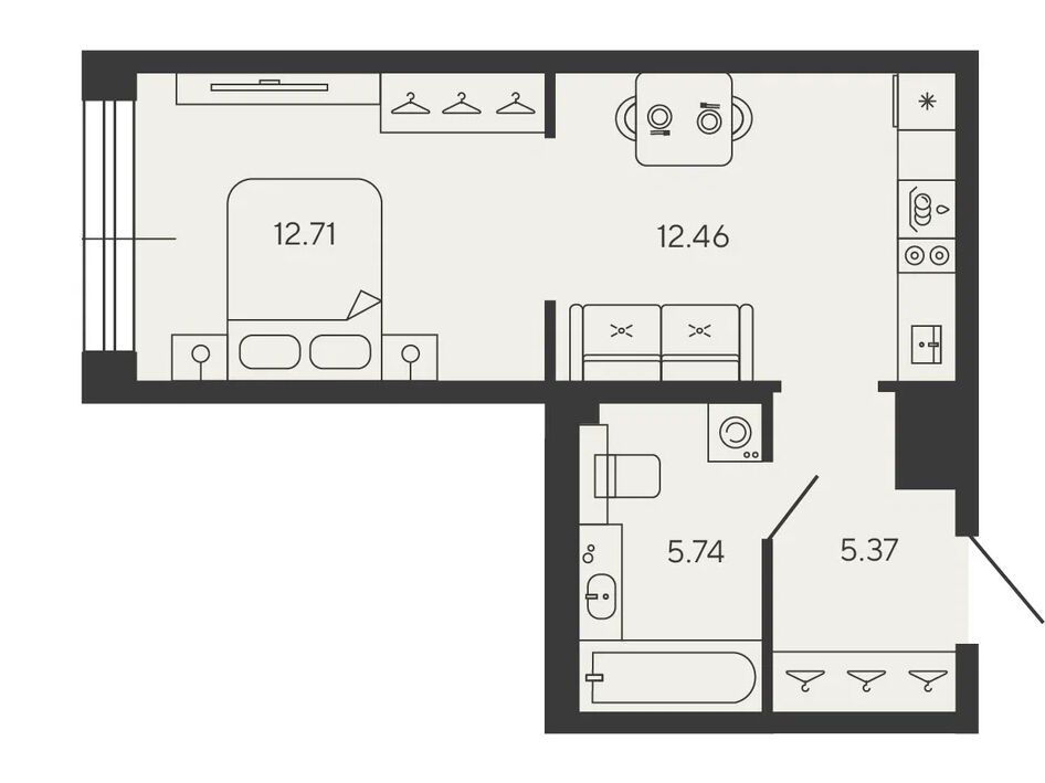 Планировка: 1-комн. квартира 36.28 м² в новостройке Башни Элемент
