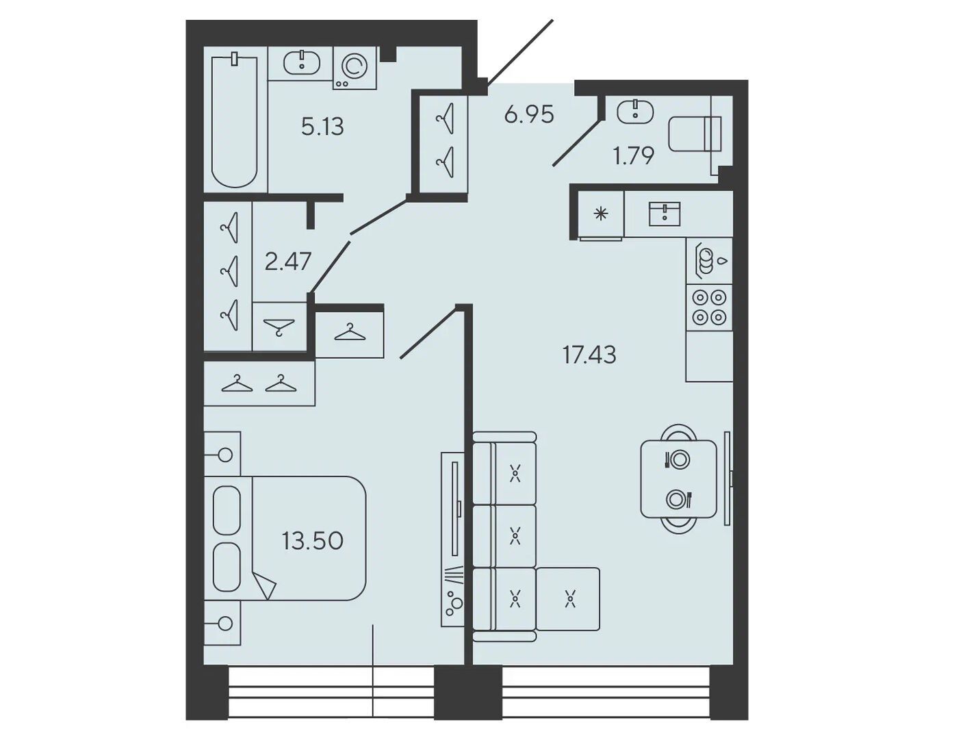 Планировка: 1-комн. квартира 46.84 м² в новостройке Башни Элемент
