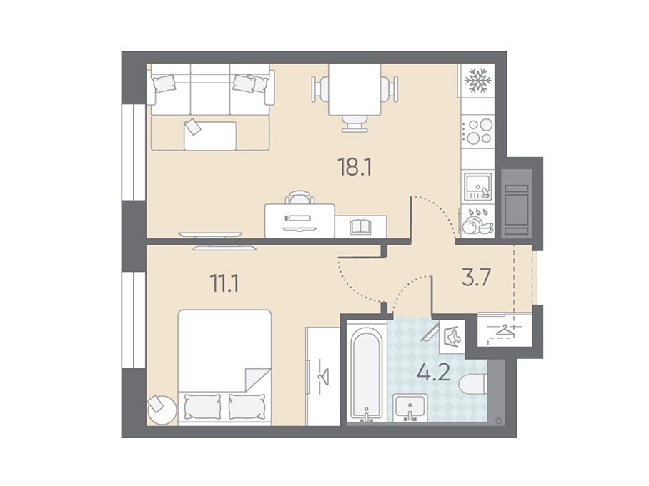 Планировка: 1-комн. квартира 37.10 м² в новостройке Большая Охта