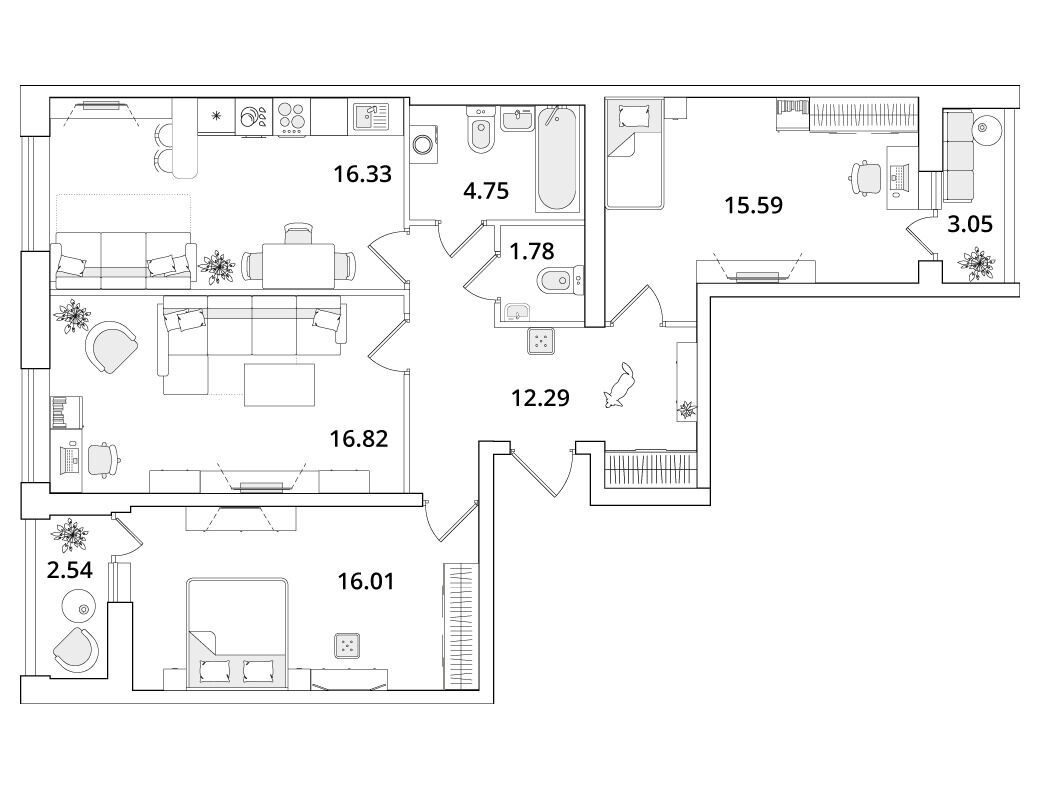 Планировка: 3-комн. квартира 86.50 м² в новостройке Куб
