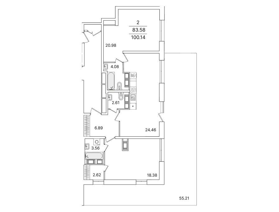 Планировка: 2-комн. квартира 99.70 м² в новостройке БелАрт