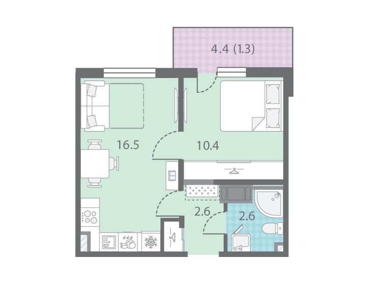 Планировка: 1-комн. квартира 33.40 м² в новостройке Цветной город