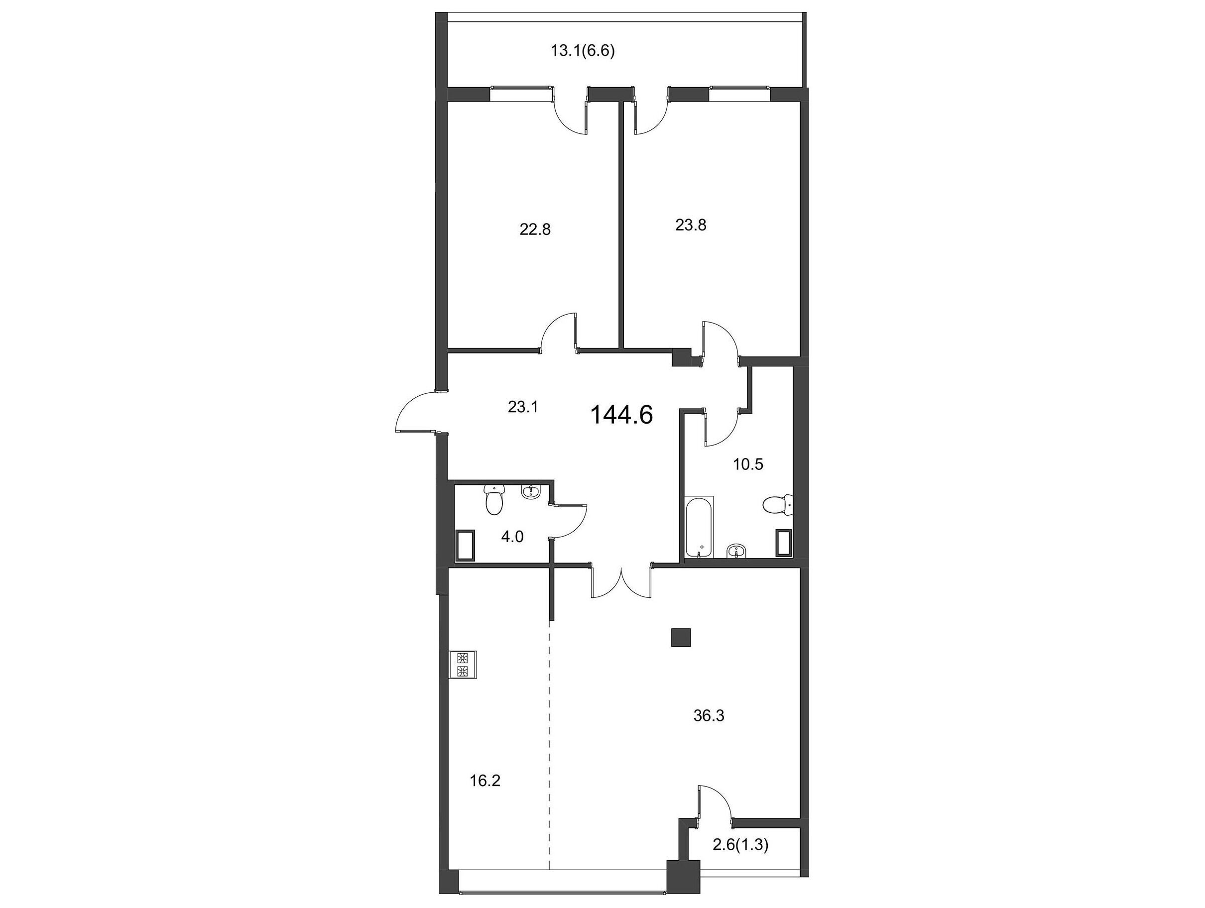 Планировка: 3-комн. квартира 144.60 м² в новостройке Дом на Грота