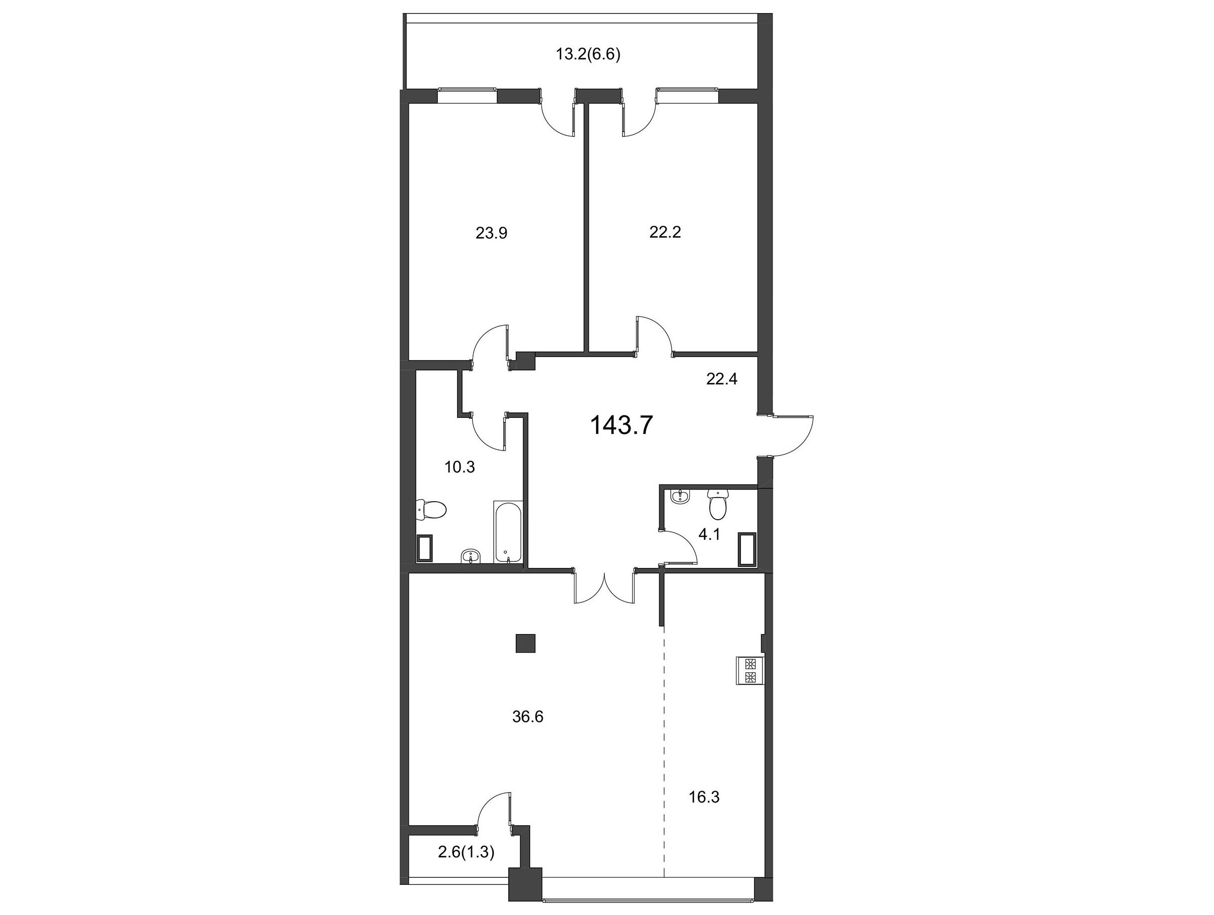 Планировка: 3-комн. квартира 143.70 м² в новостройке Дом на Грота