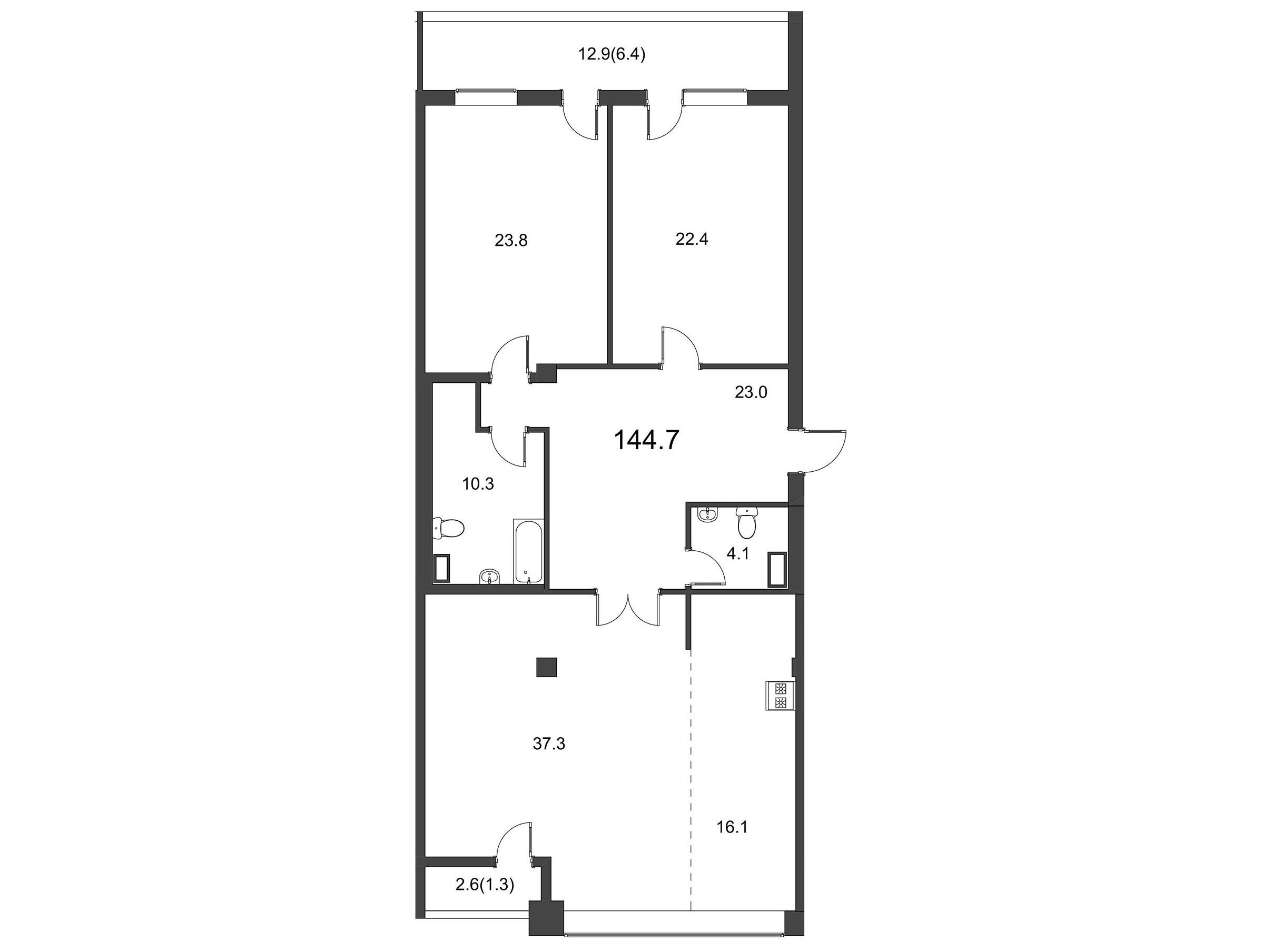 Планировка: 3-комн. квартира 144.70 м² в новостройке Дом на Грота