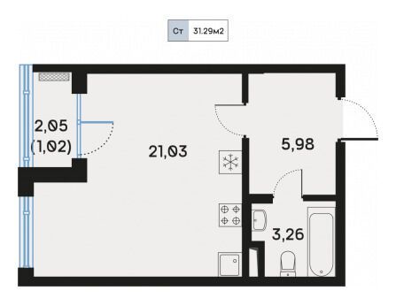 Планировка: Студия 31.29 м² в новостройке Дом Регенбоген