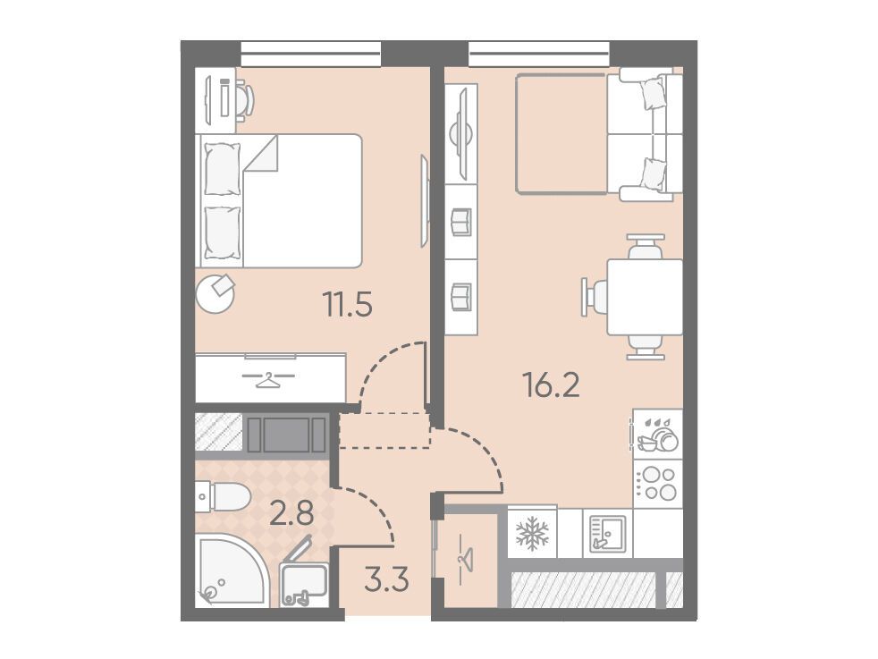 Планировка: 1-комн. квартира 33.80 м² в новостройке Октябрьская набережная