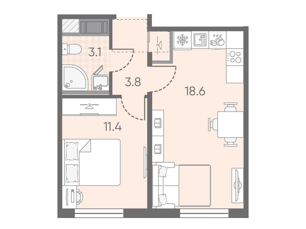 Планировка: 1-комн. квартира 36.90 м² в новостройке Октябрьская набережная