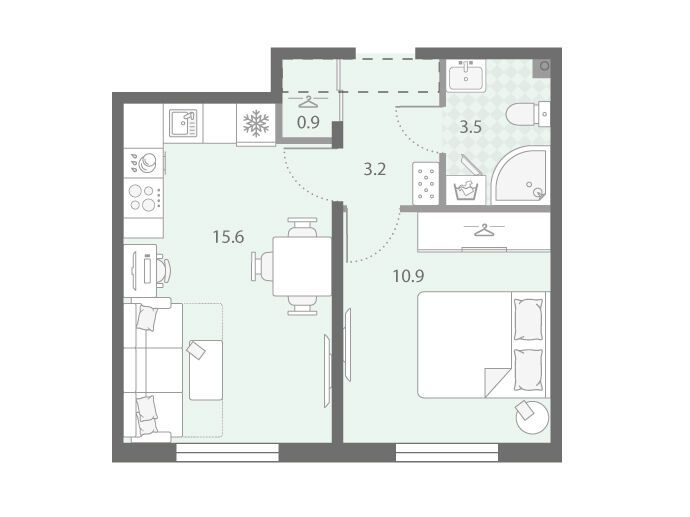 Планировка: 1-комн. квартира 34.10 м² в новостройке ЖК Дыбенко Парк