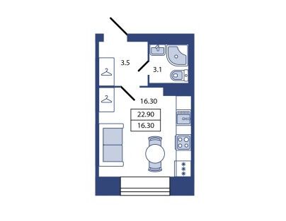 Планировка: Студия 22.90 м² в новостройке ЖК Большой Сампсониевский 29Б