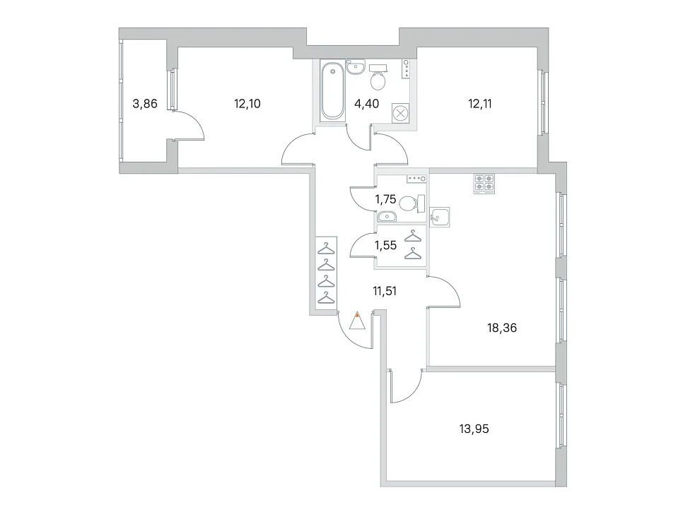 Планировка: 3-комн. квартира 75.73 м² в новостройке Любоград