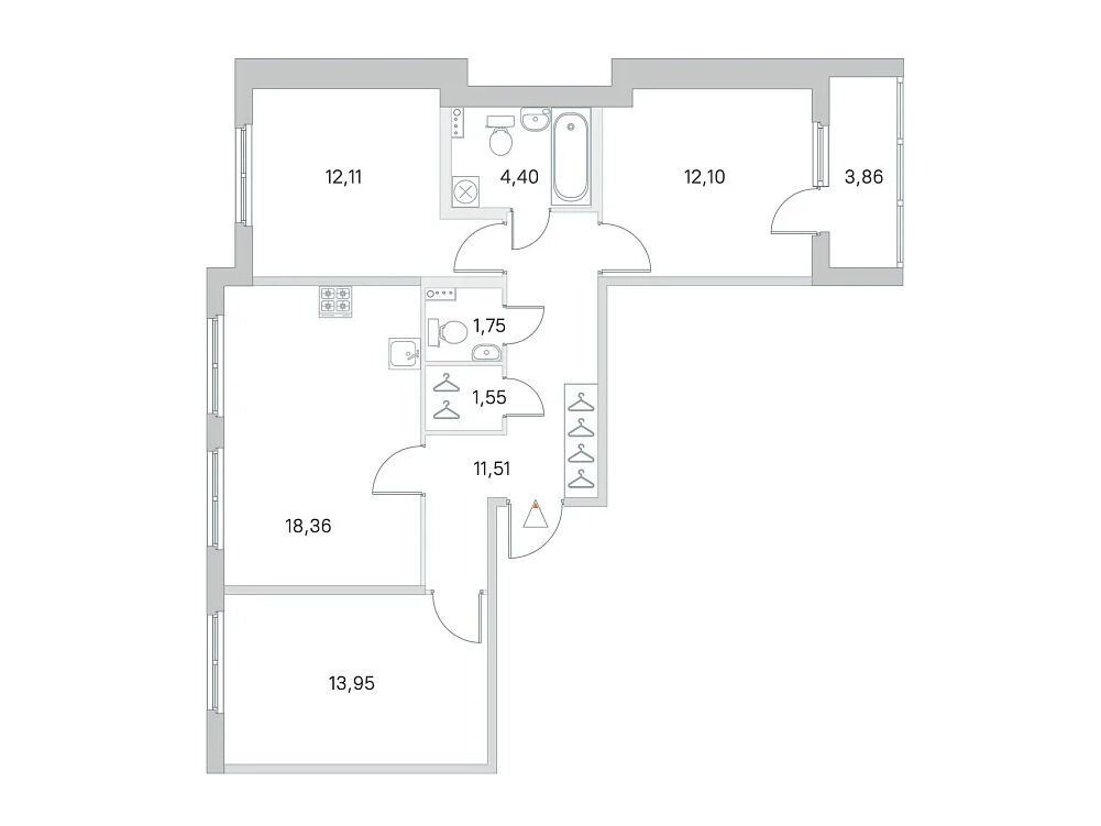 Планировка: 3-комн. квартира 75.73 м² в новостройке Любоград