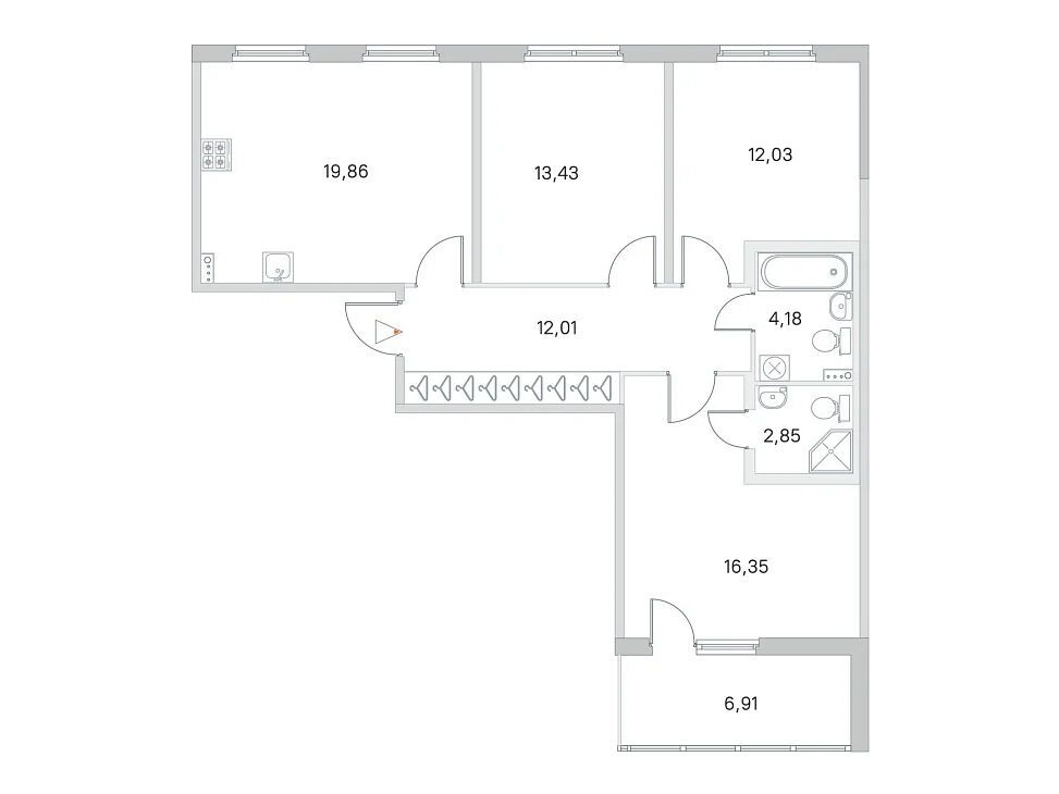 Планировка: 3-комн. квартира 80.71 м² в новостройке Любоград