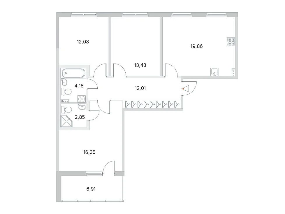 Планировка: 3-комн. квартира 80.71 м² в новостройке Любоград