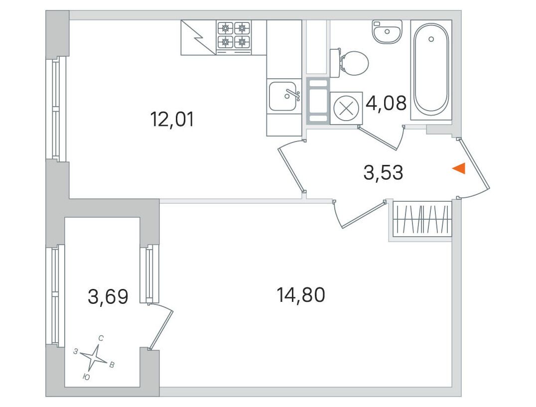 Планировка: 1-комн. квартира 34.42 м² в новостройке Дубровский