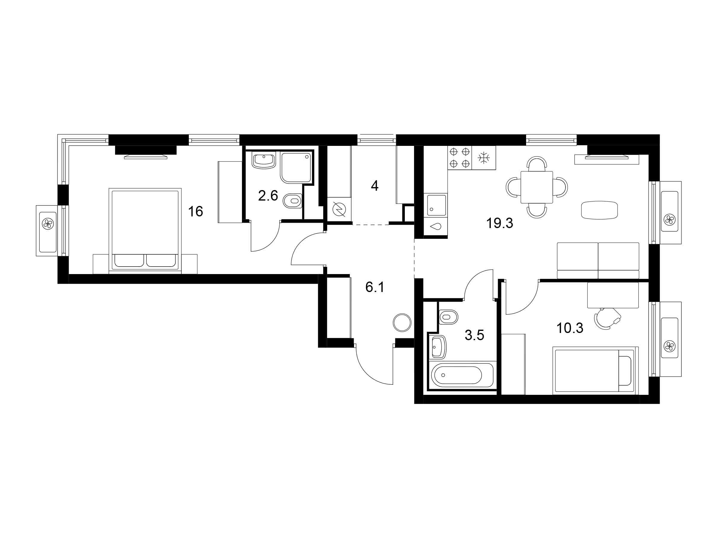 Планировка: 2-комн. квартира 61.80 м² в новостройке Витебский парк