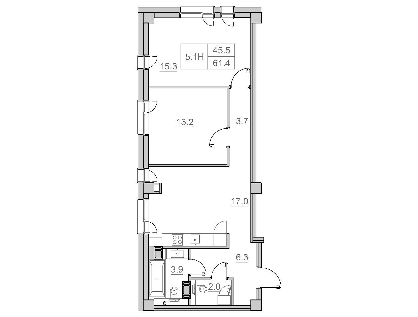 Планировка: 1-комн. квартира 61.40 м² в новостройке Сота