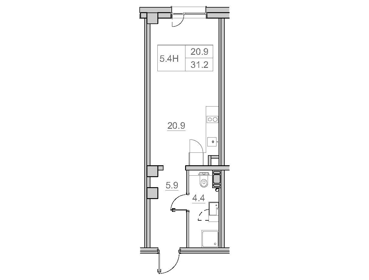 Планировка: 1-комн. квартира 31.20 м² в новостройке Сота