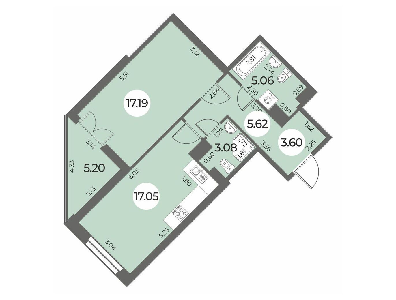 Планировка: 1-комн. квартира 54.20 м² в новостройке Огни Залива