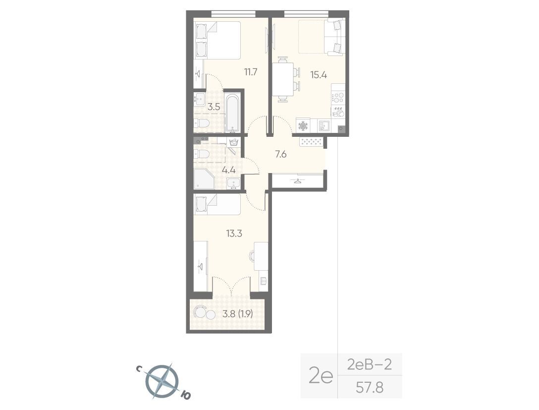 Планировка: 2-комн. квартира 57.20 м² в новостройке ЖК Пулково Лайк
