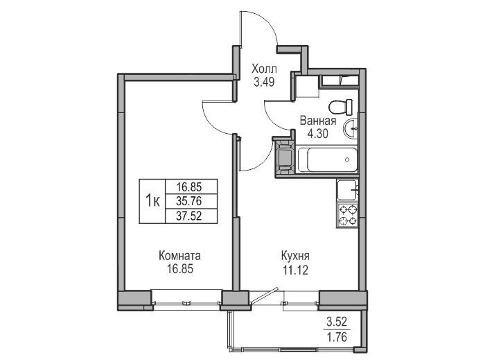 Планировка: 1-комн. квартира 37.52 м² в новостройке ЖК Юнтолово