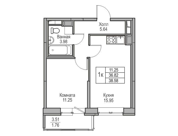 Планировка: 2-комн. квартира 38.58 м² в новостройке ЖК Юнтолово
