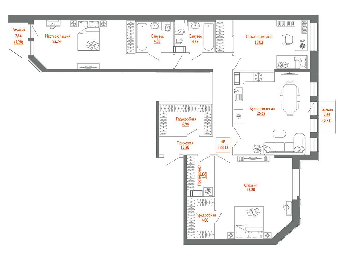 Планировка: 3-комн. квартира 136.60 м² в новостройке Монодом Лайн