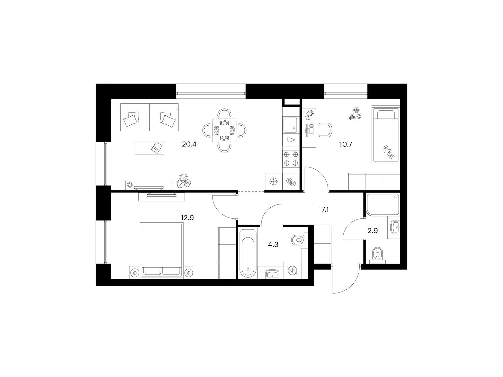 Планировка: 2-комн. квартира 58.30 м² в новостройке Шкиперский 19