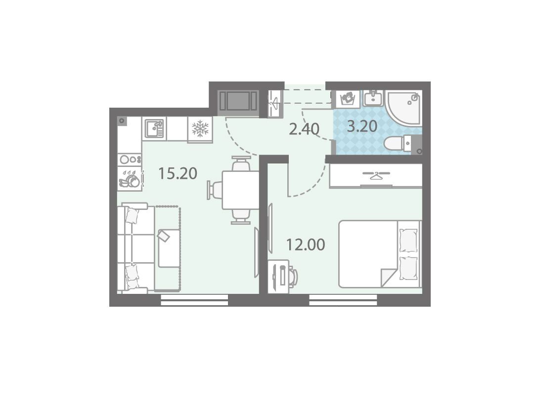 Планировка: 1-комн. квартира 32.80 м² в новостройке Ржевский парк