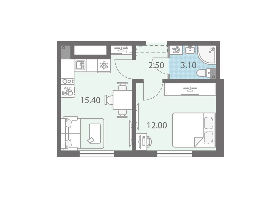 Планировка: 1-комн. квартира 33.00 м² в новостройке Ржевский парк