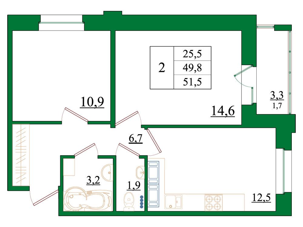 Планировка: 2-комн. квартира 51.50 м² в новостройке Орловский бульвар
