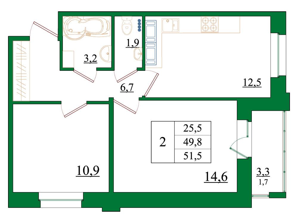 Планировка: 2-комн. квартира 51.50 м² в новостройке Орловский бульвар