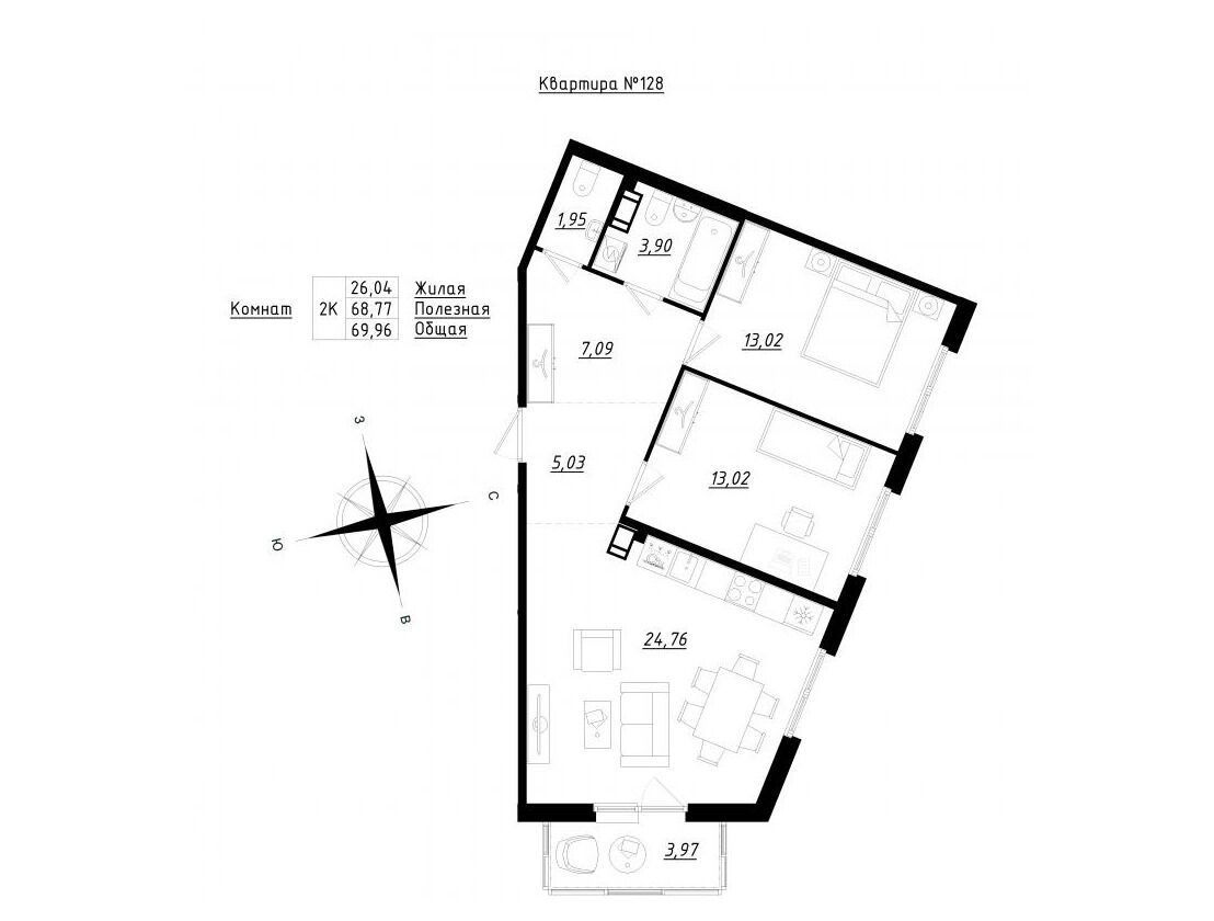 Планировка: 2-комн. квартира 69.96 м² в новостройке Счастье 2.0