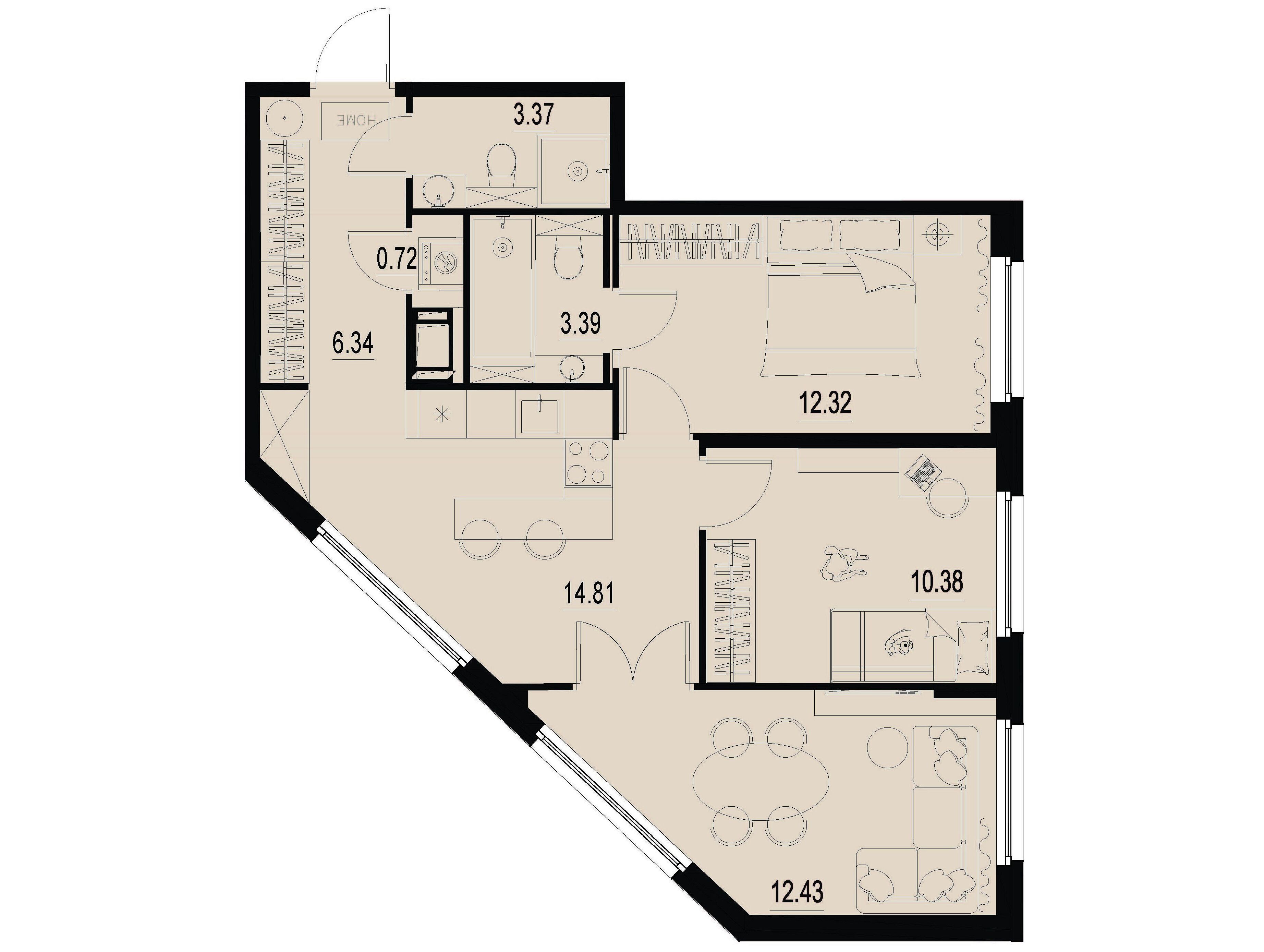 Планировка: 3-комн. квартира 63.76 м² в новостройке Айди Мурино 3